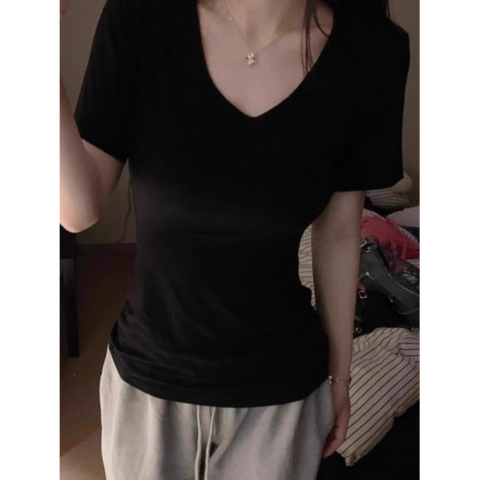 Picture of Super Slim Summer Dipping Sense Shoulder Tight Waist V-Neck Short Sleeve Top Base Good Wear Beware Spice Girls T-Shirt Women