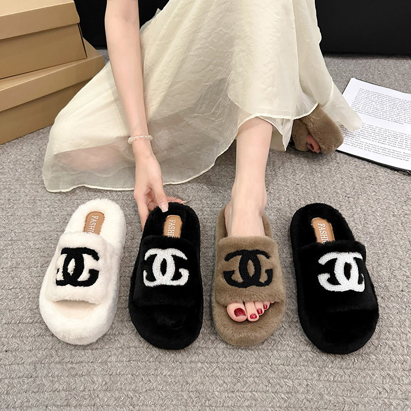 Xiaoxiang style Mao Mao slippers women's 2024 autumn and winter new thick bottom Korean fashion letters tide brand cotton slippers