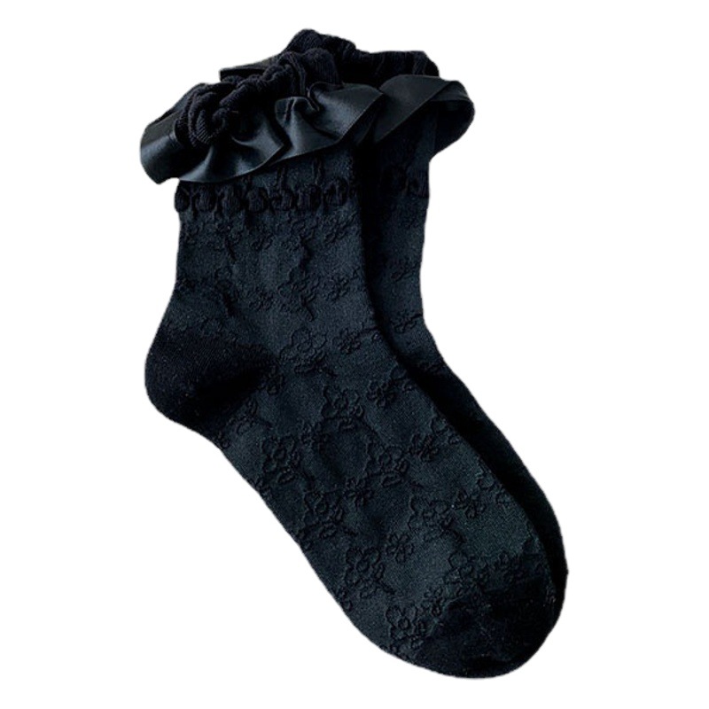 White Socks Women's Spring Trendy Japanese Style Sweet Lolita Bubble Mouth Ribbon Lace All-match Princess Mid-length Socks