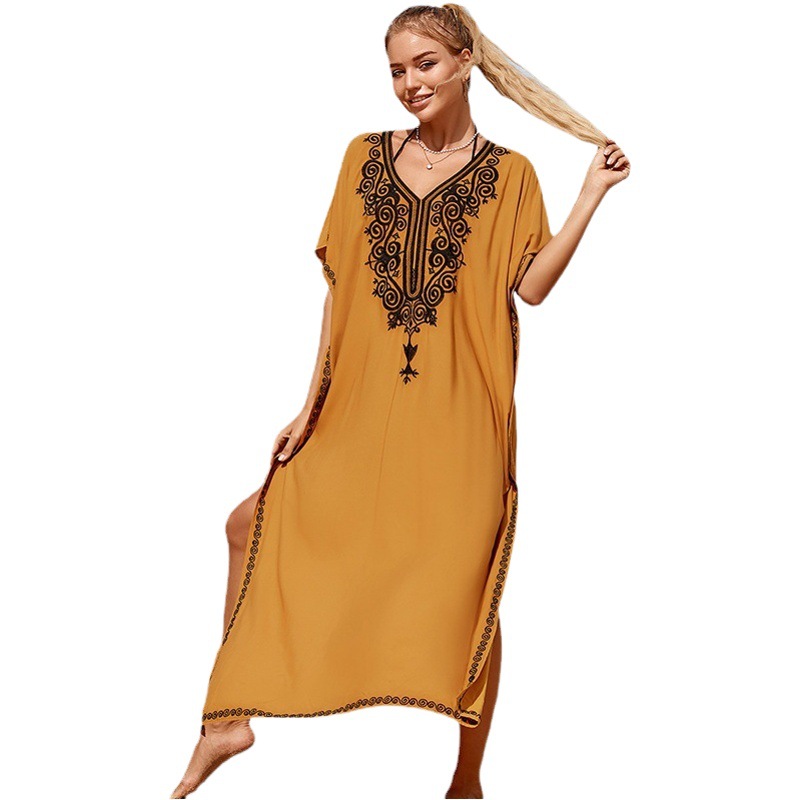 New Arrival Rayon Turmeric Embroidered Gown Beach Blouse Seaside Holiday Sunscreen Long Dress Bikini Swimsuit Women