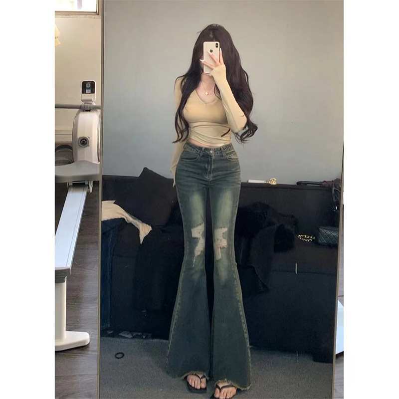 Spice Girl Vintage Blue Tall Big Fishtail Horn Jeans Women's Spring and Summer High Waist Slim-fit Slim-fit Wide Pants