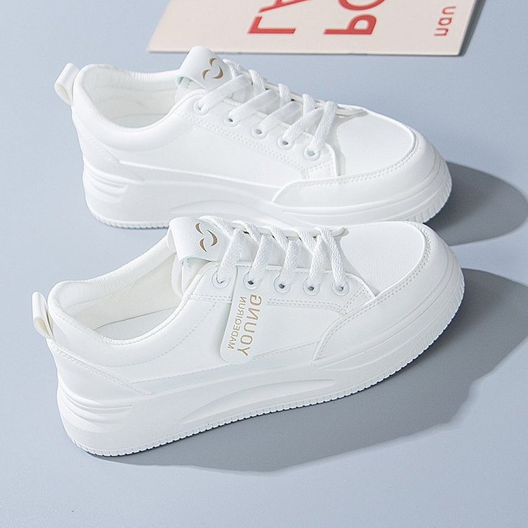 Wholesale White Shoes for Women Korean Version 2024 Leather Round Toe Lace-Up Sports Sneakers for Students Solid Color Thick-Soled Casual Shoes