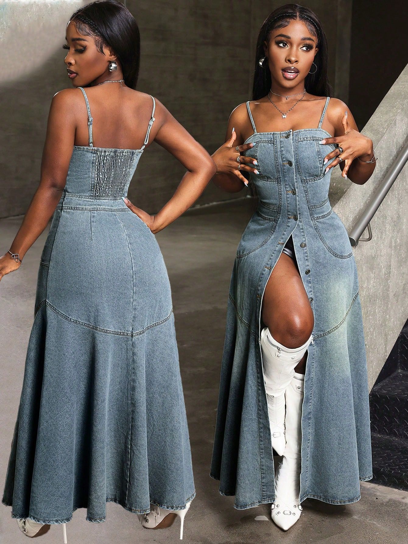 Amazon Cross-Border Foreign Trade Fashionable Mid-Length Single-Breasted Suspender Denim Dress