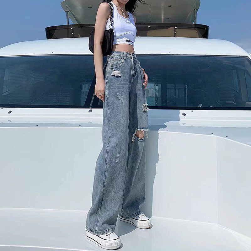 Picture of 2024 New High Waist Straight ripped jeans for women Summer thin loose draping wide leg mop pants for women