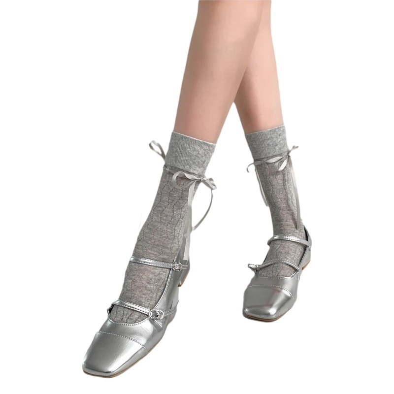 Lolita Socks Jk Calf Socks Women's Spring Autumn Summer Thin Ballet Style Mid-Calf Pile Socks Lace-Up Bow Socks