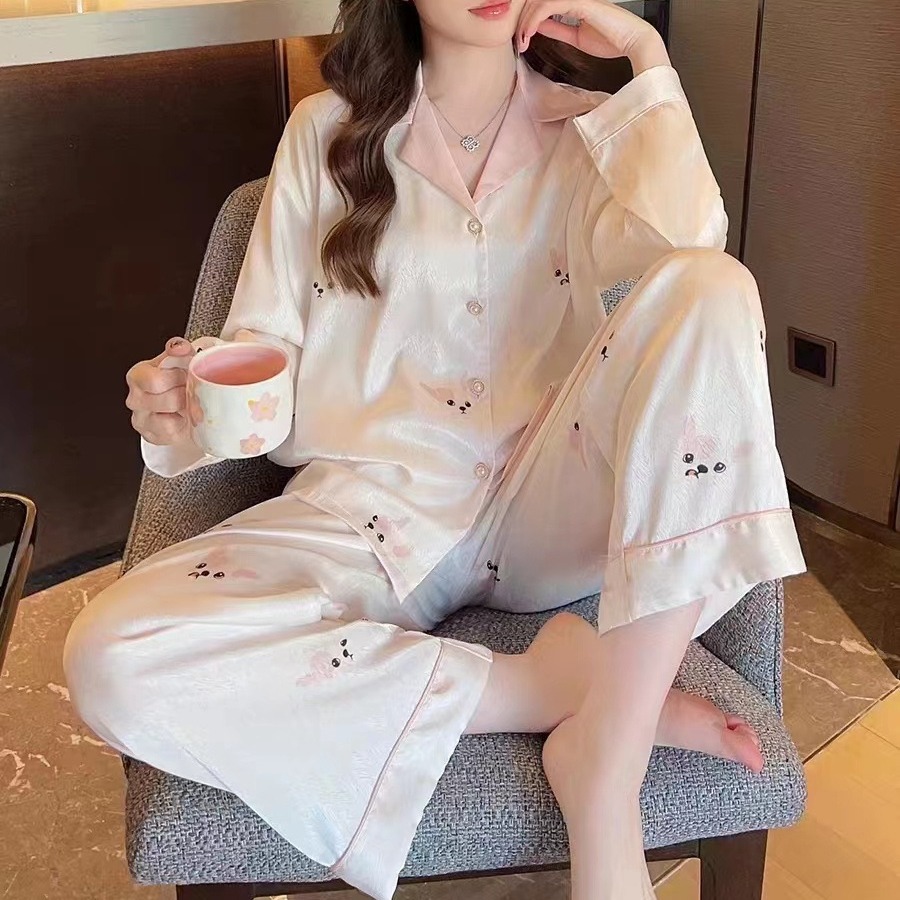 Spring and Autumn New Pajamas Women's Ice Silk Long-sleeved Trousers Cardigan Lapel suit Casual Silk plus size Home Clothes