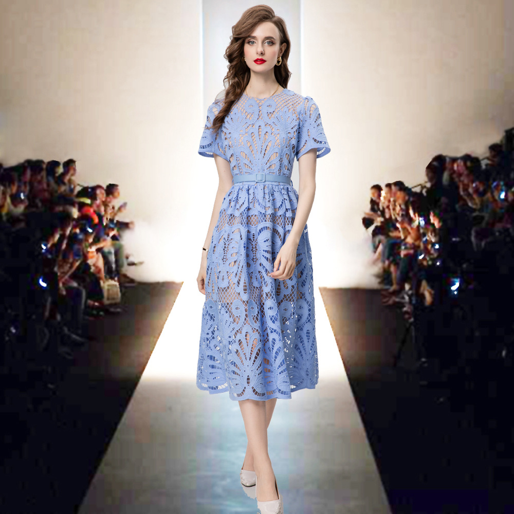 Cross-border foreign trade 2024 spring and summer women's round neck short sleeve blue water soluble flower hollow waist long dress