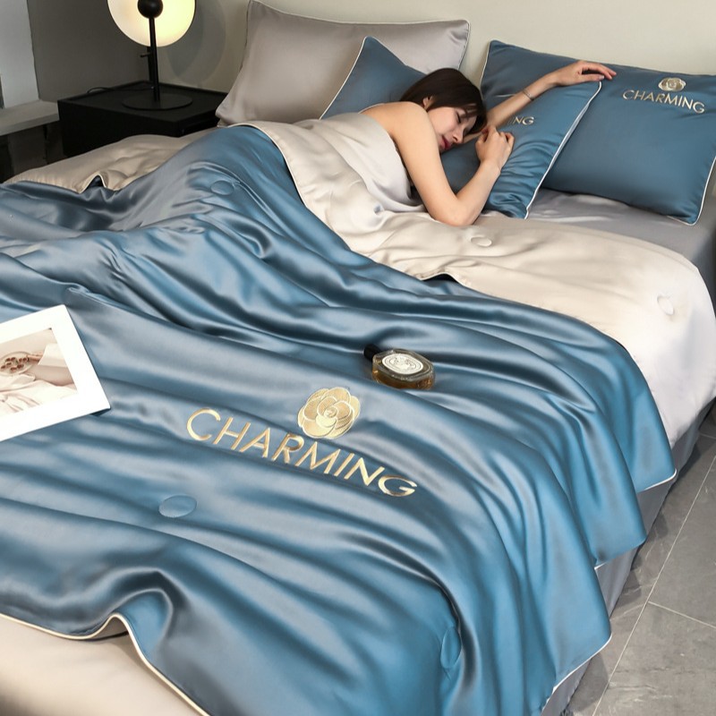 Picture of Washed Ice Silk Summer Quilt Four-piece Solid Color Embroidered Cool Air Conditioned Quilt Summer Gift Summer Quilt Summer Thin Quilt