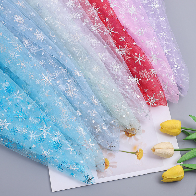 loose cut 150cm wide hot stamping silver small snowflake tulle fabric diy bow doll yarn birthday party decoration