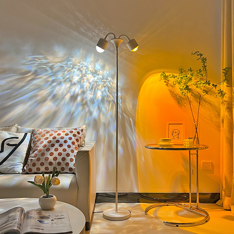 Internet celebrity sunset live broadcast room background, high-end sunset lights, sunset lights, double-headed ambient lights, living room floor, water, corrugated iron