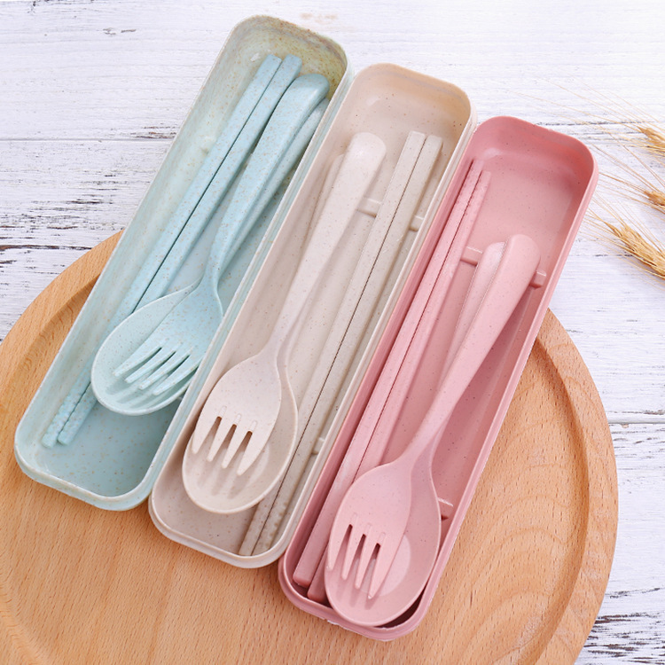 Picture of Wheat Straw Tableware Fork, Spoon and Chopsticks Three-Piece Set Scandinavian Color Kidsren's Outdoor Travel Picnic Portable Tableware Set