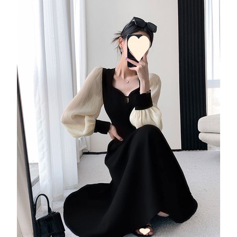 French Style Tea Break Stitching Contrast Black Lantern Sleeve Chiffon Square Collar dress Women's Spring and Autumn Long A- Shown Long Skirt