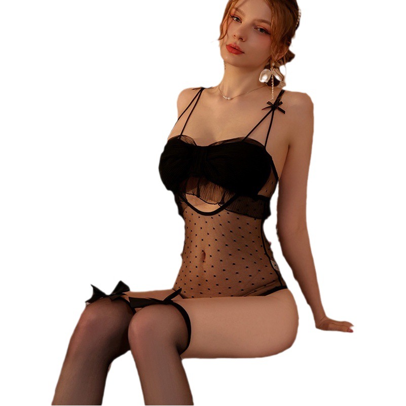 Sexy lingerie sexy sling hollow-out jumpsuit women's hot open perspective uniform pajamas wholesale plus chest pad New