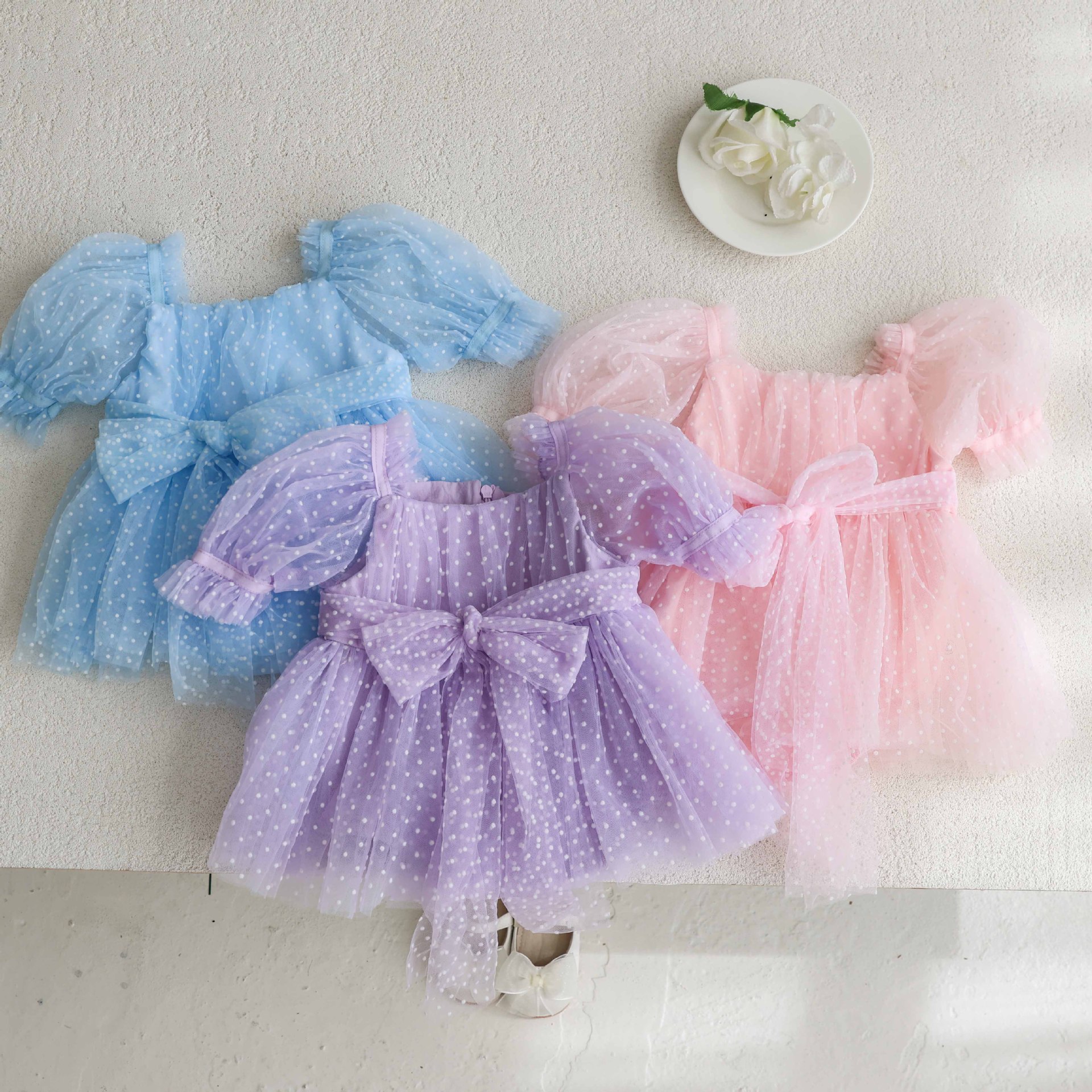 Girls' Puff Sleeve Fart dress Summer Mesh Sweet Polo Dot Princess Dress Baby One-year-old Hatshirt Dress