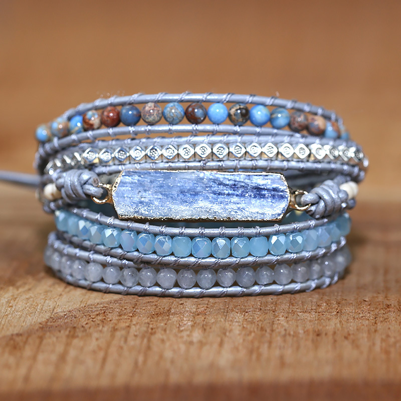 Cross-border e-commerce hot sale blue gold stone hand-woven leather bracelet 5-layer energy couple bracelet