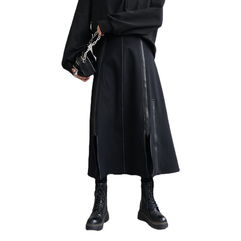 2025 Autumn Skirt High Waisted Slim Covering Hip Mid-Length Irregular A-Line Skirt Topstitched Multi-Zip Design Skirt
