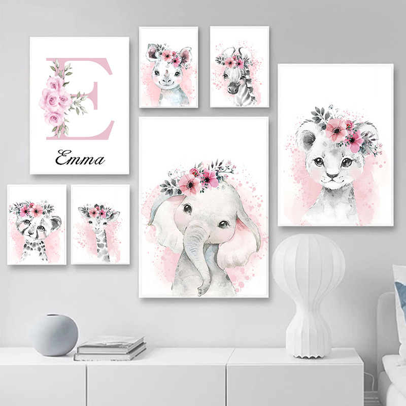 Name Personalized cartoon Pink floral animal baby giraffe bedroom living room canvas decoration
