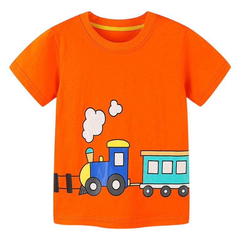 European and American Style Fashion Boys' T-Shirt 2025 Summer New Cartoon Train Print Kidsren's Round Neck Short-Sleeved Top