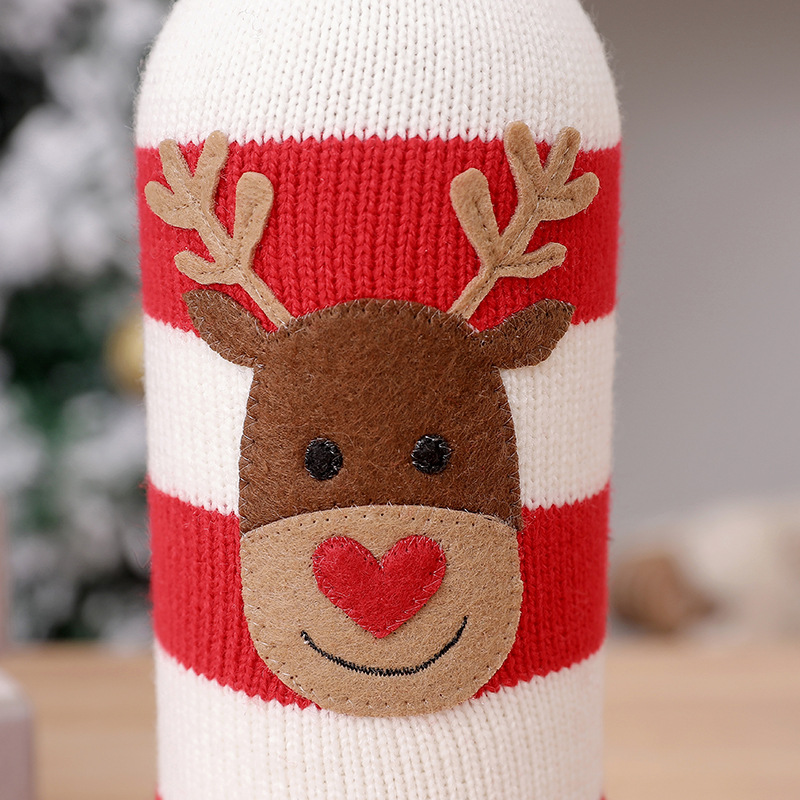 Picture of New Christmas Decorations Wool Acrylic Knitted Stripesd Wine Bottle Set Elk Snowman Red Wine Champagne Bottle Set