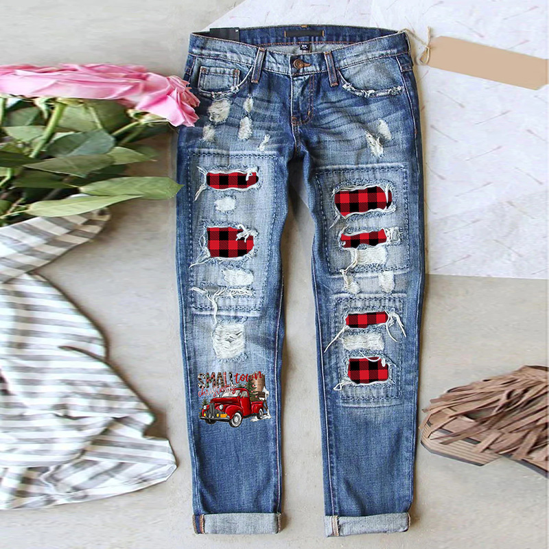 European and American Women's Valentine's Day Element Women's Jeans 2022 Spring and Autumn Cross-border Printed Loose Mid-waist Wide-leg Pants