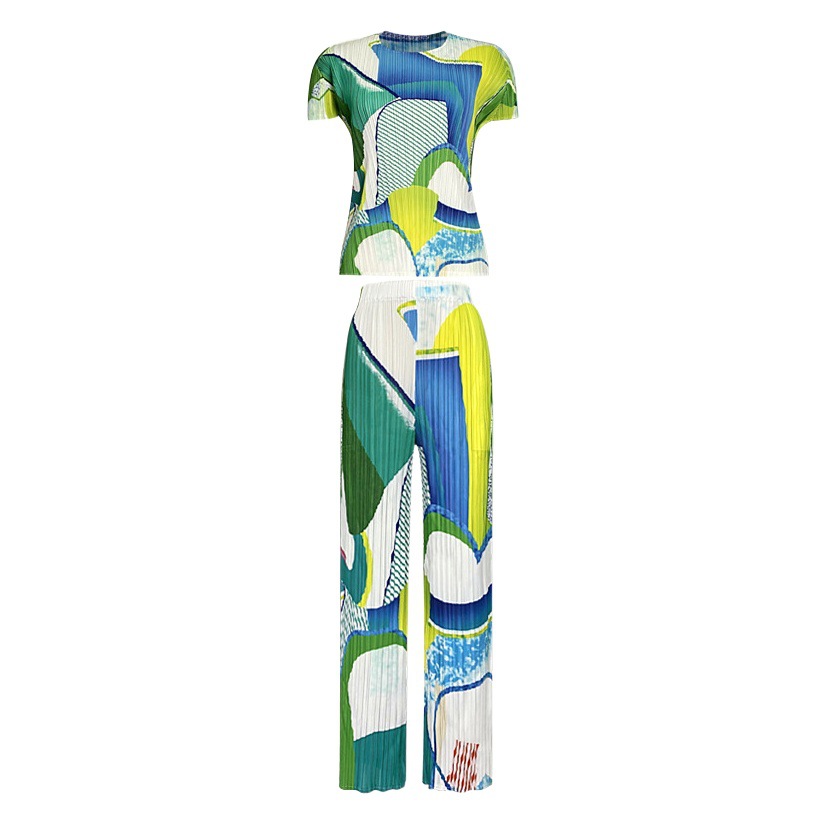 Miyake Casual Printed Suit Summer New Women's Short-Sleeved Tops Fashionable Korean Style Drapey Trousers Two-Piece Set for Women