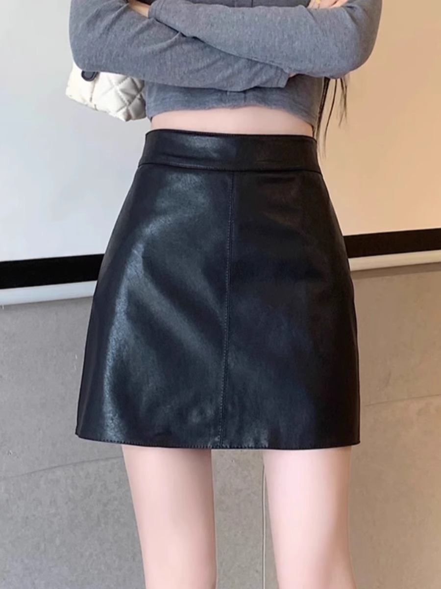 Black Leather Skirt Women's 2023 Autumn and Winter High Waist Slimming Anti-glare A- line Hip Skirt Korean Fashion PU Leather Skirt