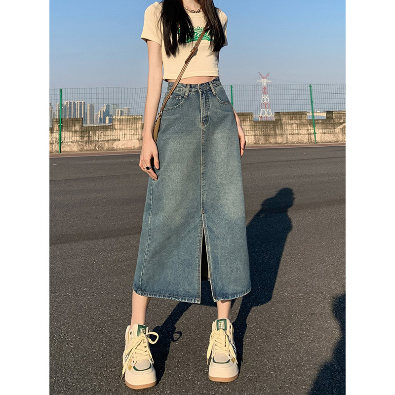 006 Split High Waist Denim Skirt Women's Summer New Korean Pear Shaped Hip Covering Slimming Mid-length A- shaped Hip Bag