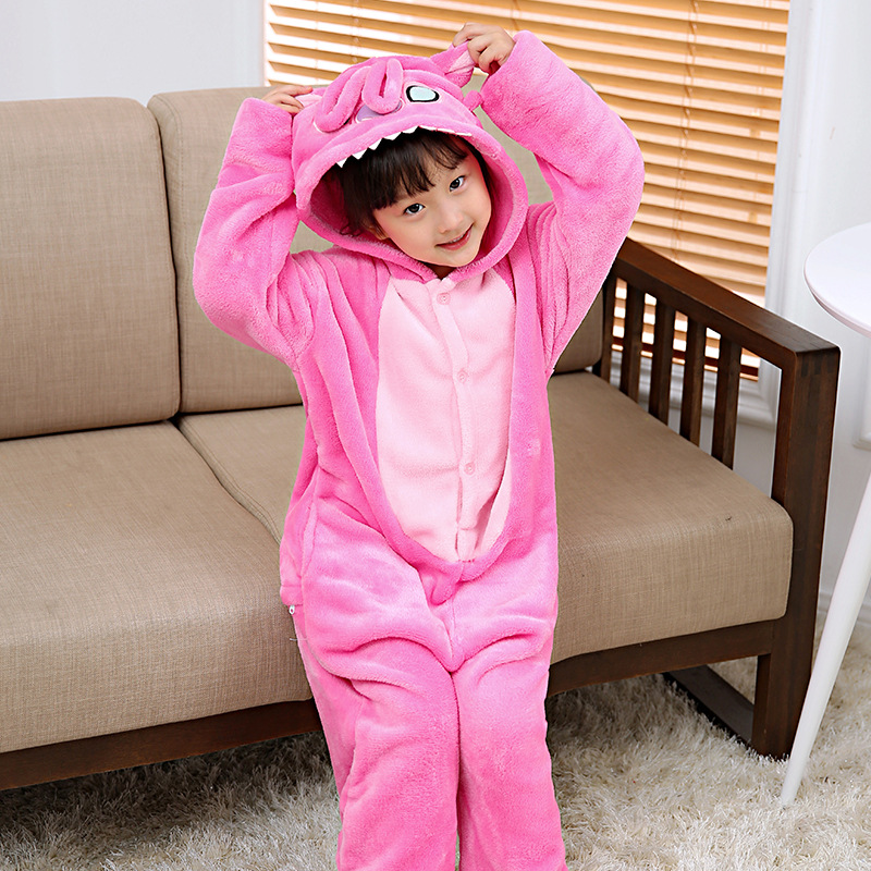 Factory supply flannel cartoon pink Stitch cartoon conjoined animal toilet version pajamas couple's home clothes