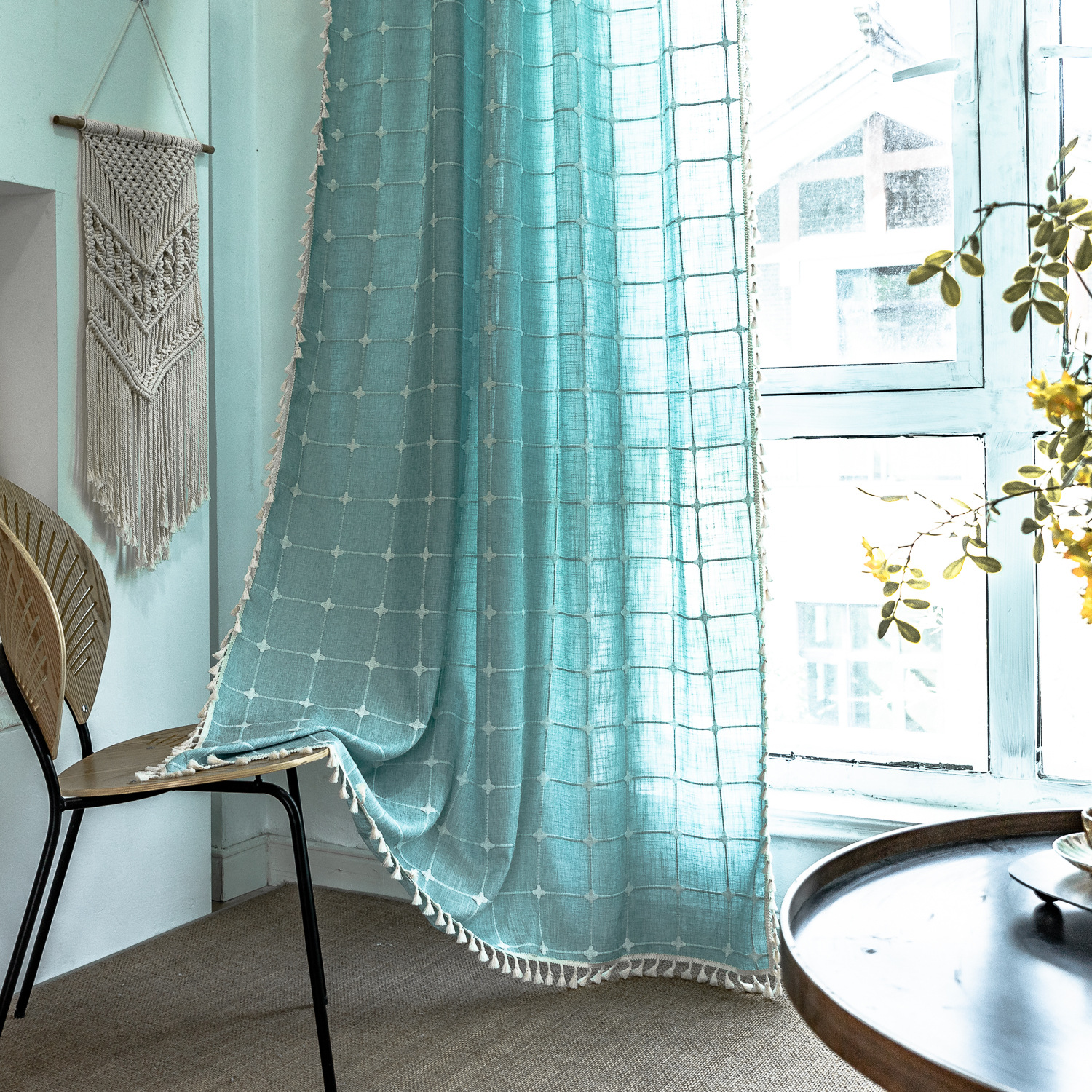 Picture of Sien cross-border popular curtain finished product punch-free Rod set American living room bedroom tassel balcony Plaid curtain