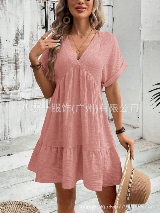 2025 Amazon Europe and America Spring and Summer New Cotton and Linen Shirt Collar Short Sleeve Pullover Casual Skirt Women's dress