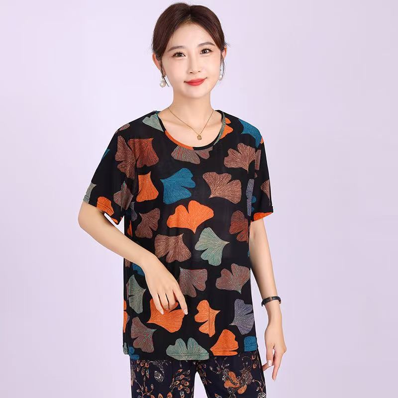 Picture of Middle-aged summer short-sleeved women's T-shirt mother outfit for the elderly loose elastic casual round neck plus size ice silk wholesale