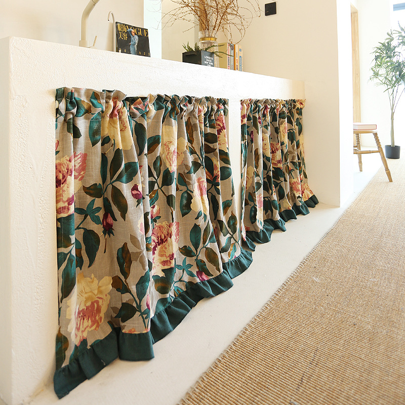 Iris country travel linen cotton linen half curtain door curtain head small curtain punch-free Rod finished curtain cabinet American flower