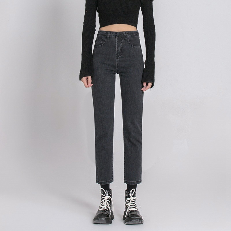 Picture of Black High Waist Short Straight Jeans Women's New Autumn and Winter Slim Look Tall Slim Fit Stretch Cropped Smoke Tube Pants