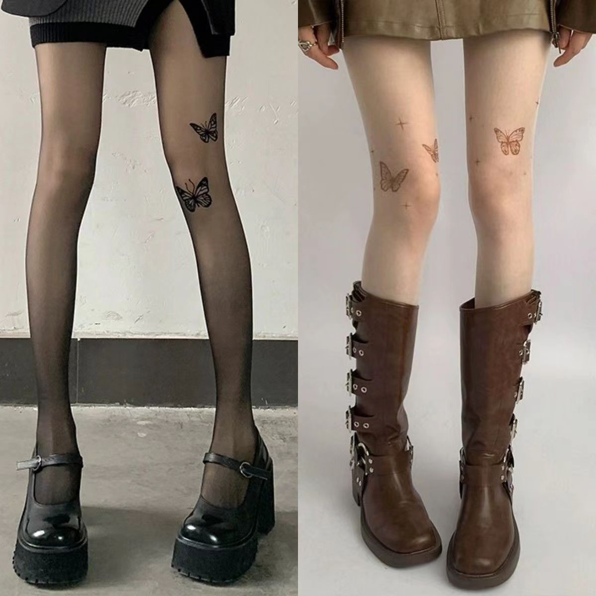 New White Silk Stockings Pure Anti-hook Silk Stockings Women's Spring and Autumn Black Butterfly Tattoo Printed Pants Leggings
