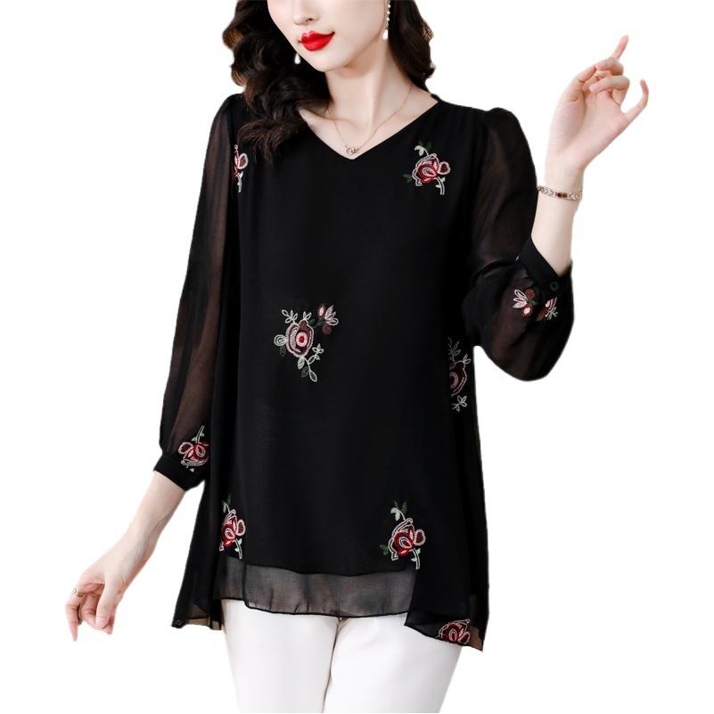 Picture of Real Shot of 2025 Autumn New Plus-Size Women's Fashion Slimming Chiffon Long-Sleeve Top That Covers the Belly