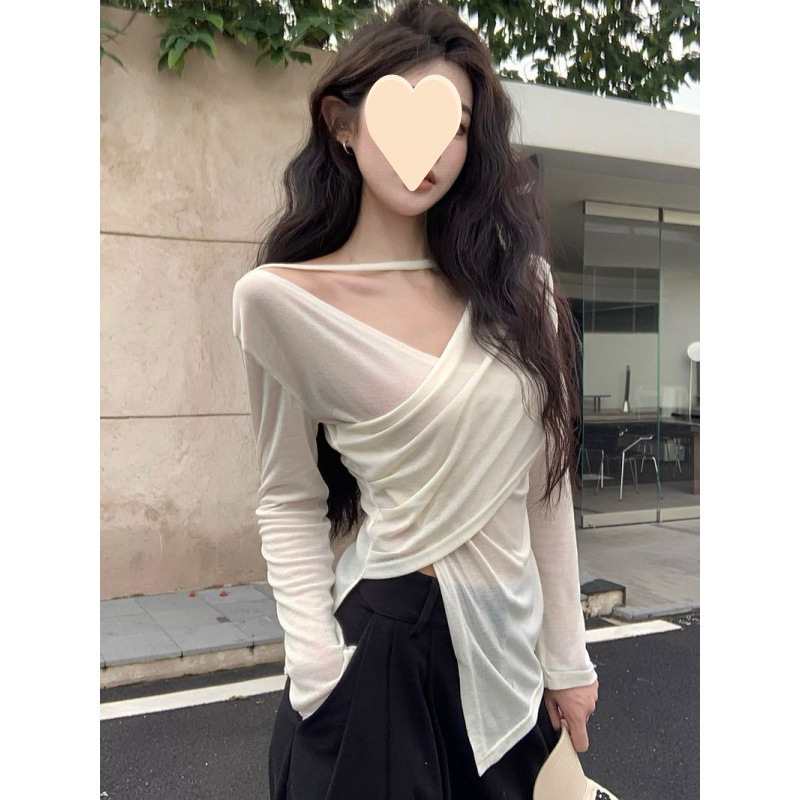 Picture of Designed Asymmetrical Cross V-Neck Long-Sleeved T-Shirt for Women in Spring & Fall Thin Unique Slim-Fitting Sexy Waist Slimming Look Top