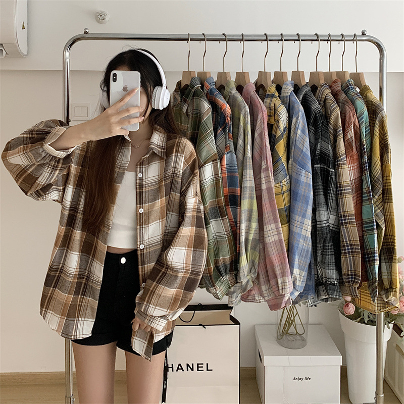 Real Price Korean Style High-end Design Sense Niche Shirt Women's Autumn Wear Retro Hong Kong Style All-match Loose Plaid Shirt