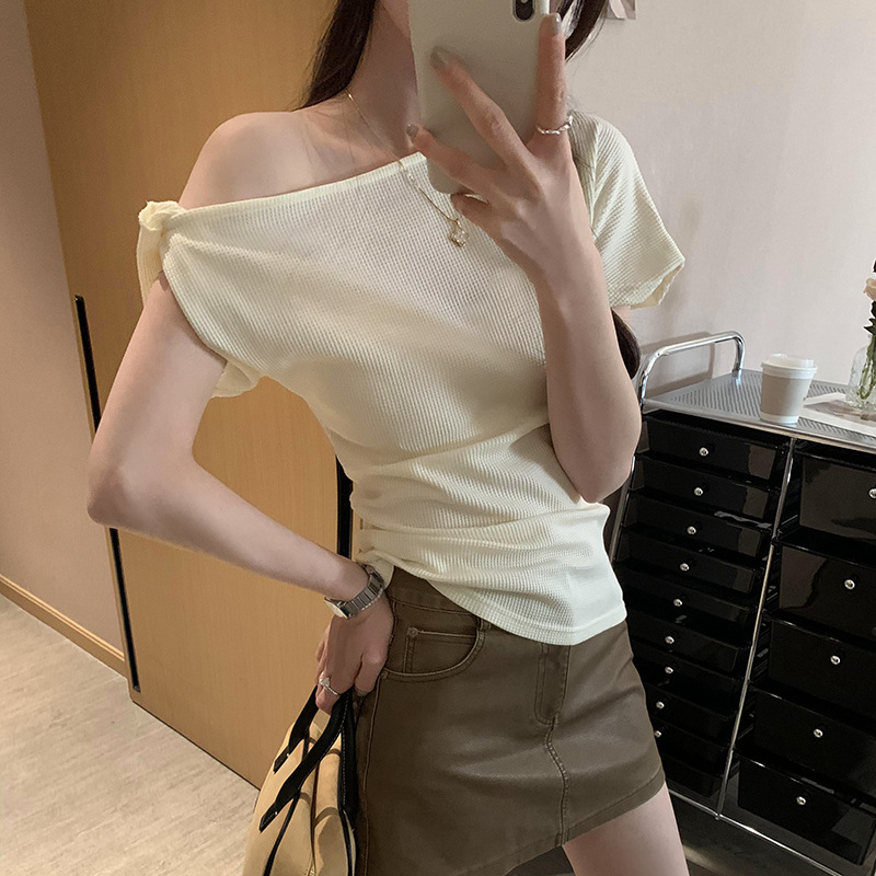 Korean Style Spice Girl Pure Desire Waffle Kink Slant Shoulder Short Sleeve T-shirt Women's 2025 Summer New Shoulder Top