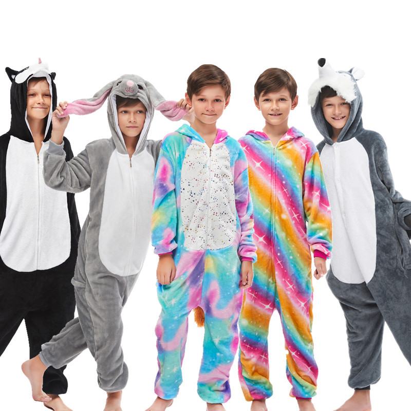 Winter Flannel Pajamas Unicorn Tianma Thickened Children's Cartoon Siamese Pajamas Dinosaur Animal Home Clothes Wholesale