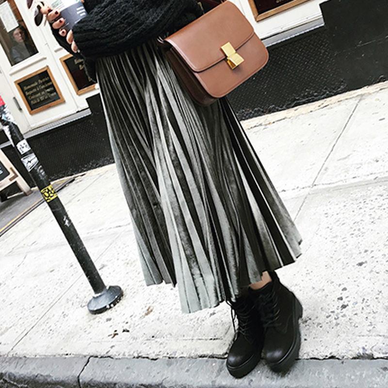Velvet Pleated Skirt for Female Students Spring & Fall New Korean Style High-Waisted Skirt Mid-Length Slim Long Skirt for Women Trendy Half-Length