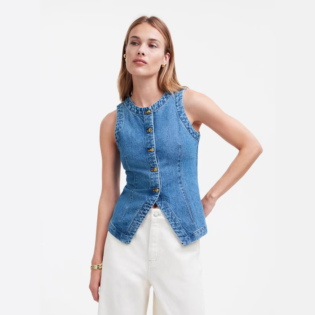 Picture of European and American Foreign Trade Cross-Border Women's Clothing Autum New Amazon Washed Button Round Neck Sleeveless Denim Vest