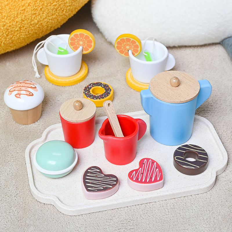Picture of Children's kitchen play house tea set suit wooden toy afternoon tea girl simulation toy 3 years old teapot tea cup