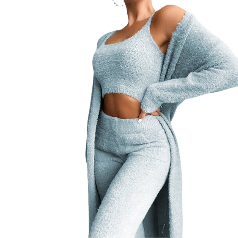 Picture of in stock real shot! European and American New Sexy V-neck Plush Short Vest Trousers Three-piece Set for suit Women