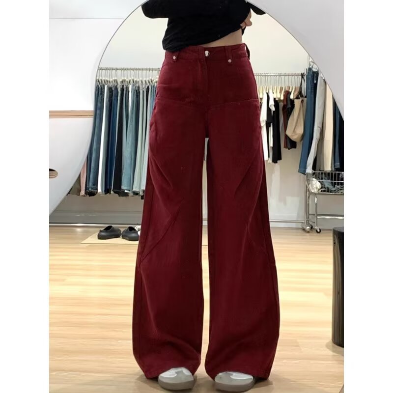 regular Spring and Autumn Casual Pants Washed Loosen Trousers Vintage Angla Red Wide Leg Jeans Women's Autumn Straight