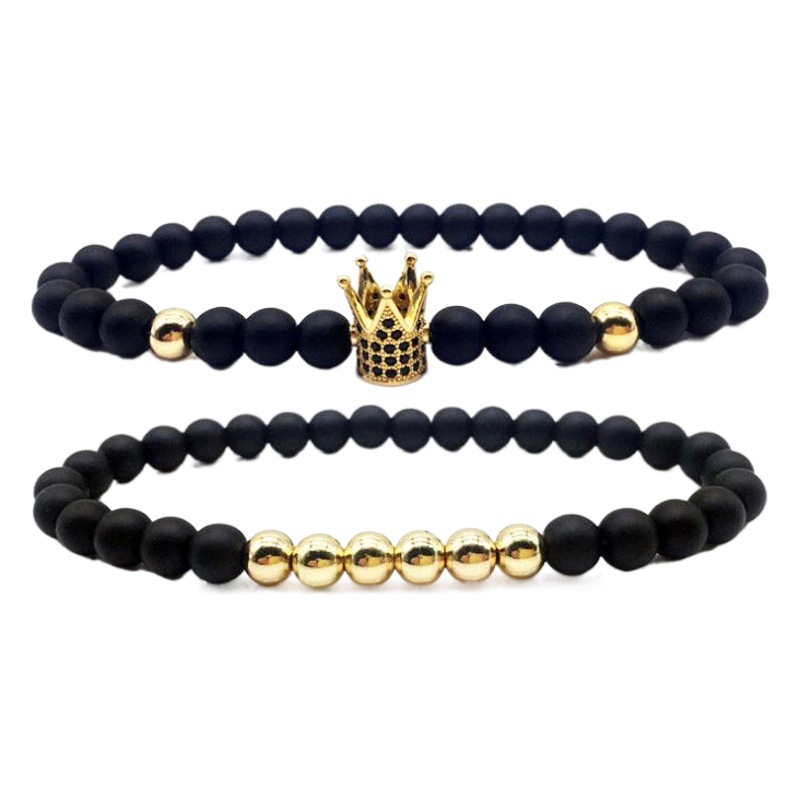 Europe and the United States new 6mm black frosted copper beads bracelet micro inlaid zircon Crown bracelet couple bracelet factory outlet