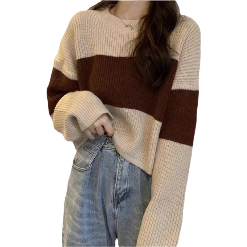 Korean style sweater autumn and winter with hong kong style retro loose lazy style striped sweater outer wear long sleeve short top for women