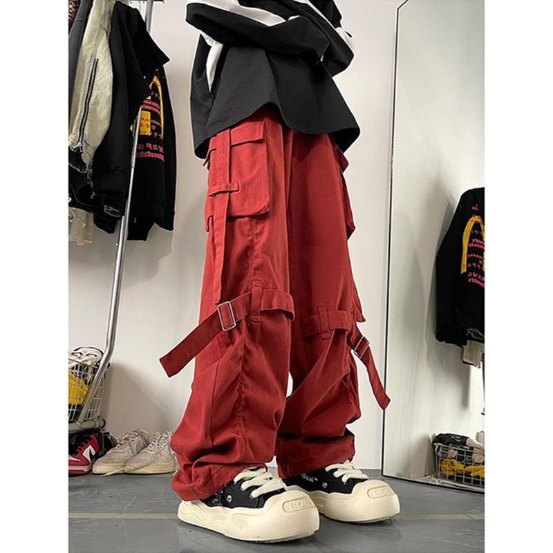 Cross-border multi-pocket cargo pants strap design pants for boys and girls vintage niche design casual pants