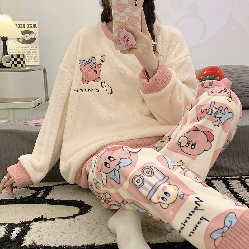 Cross-Border Flannel Pajamas for Women in Autumn and Winter Round Neck Long Sleeves Cute Japanese Cartoon Student Warm Home Clothes Set