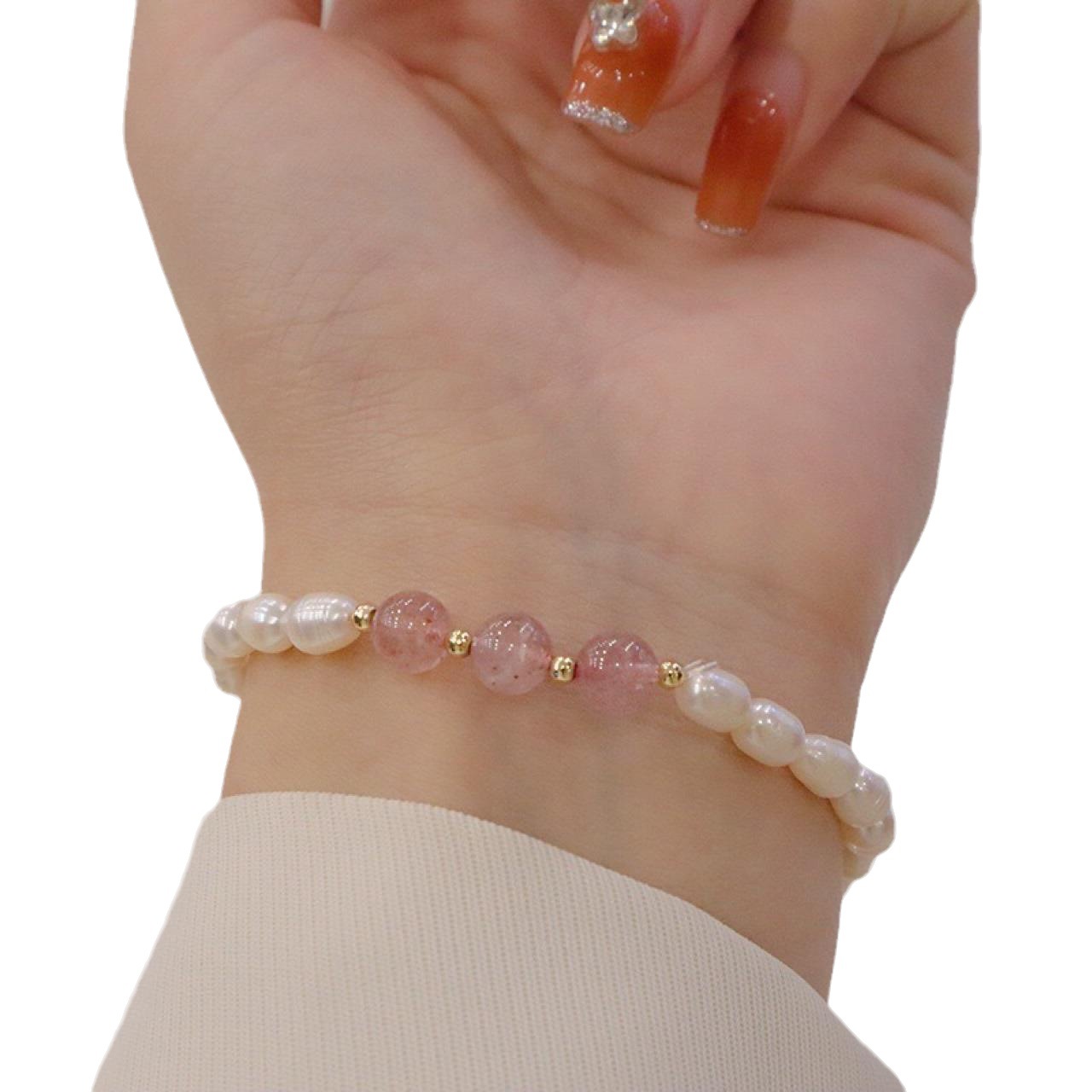 Picture of Natural Freshwater Pearl Simple Fashion Small Rice Beads Pearl Bracelet Temperament All-match Strawberry Crystal Blue Moonlight Bracelet for Women