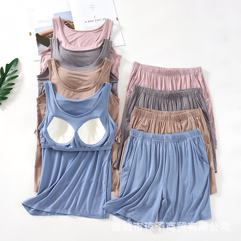 Modal Vest and Shorts Set with Built-In Breast Pads, No Rims, Cup All-In-One Home Wear, Bottoming Shirt, Two-Piece Set for Women